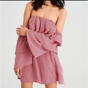 AMERICAN EAGLE AE Ruffled Off The Shoulder Mini Dress M Red Checkered Print B12
